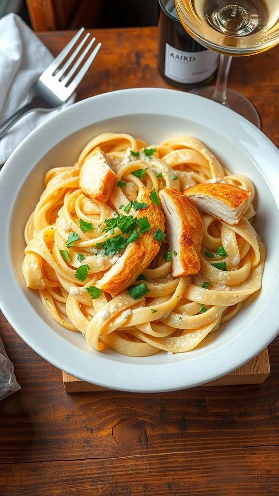 Savory Chicken Alfredo Pasta for Dinner Creamy Chicken Alfredo Pasta with sliced chicken and parsley, served in a white bowl on a rustic table.